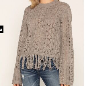 Miss Me Crochet Knit Sweater Fringe Gray Size Large Boho